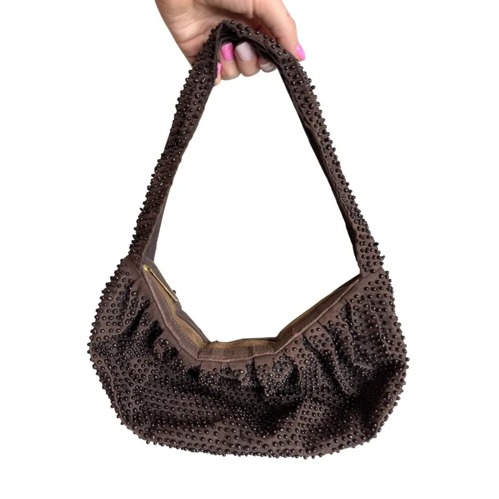 70s Brown Beaded‎ Shoulder Bag With Zipper Closure